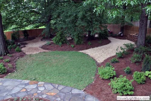 Lush landscaped backyard with winding stone pathways, vibrant green lawn, and mature trees, designed by John Russell Landscape Architect.