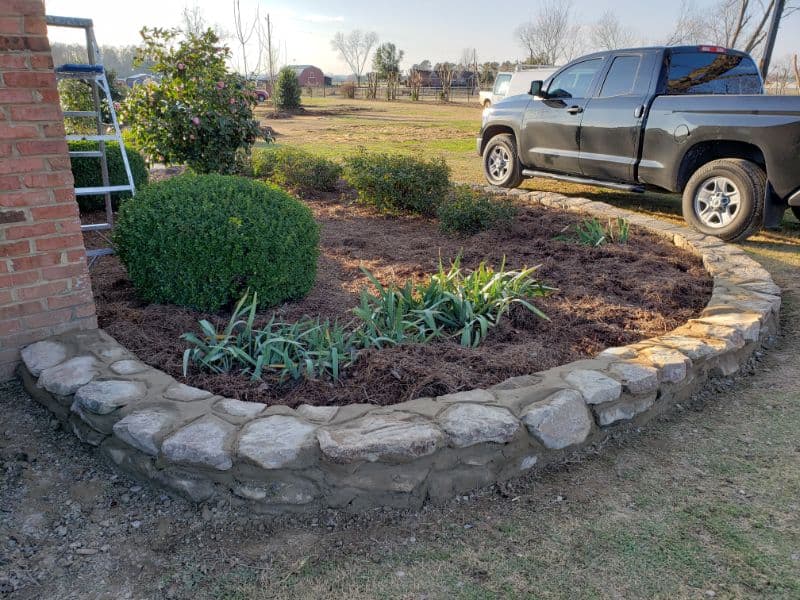Lush landscape garden bed with stone border and shaped shrub, designed by John Russell Landscape Architect. Perfect for enhancing curb appeal and outdoor beauty.