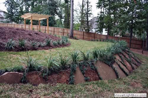 Lush backyard landscaping with tiered flower beds, mature trees, and a privacy fence, designed by John Russell Landscape Architect, highlighting expert outdoor space planning and garden design.