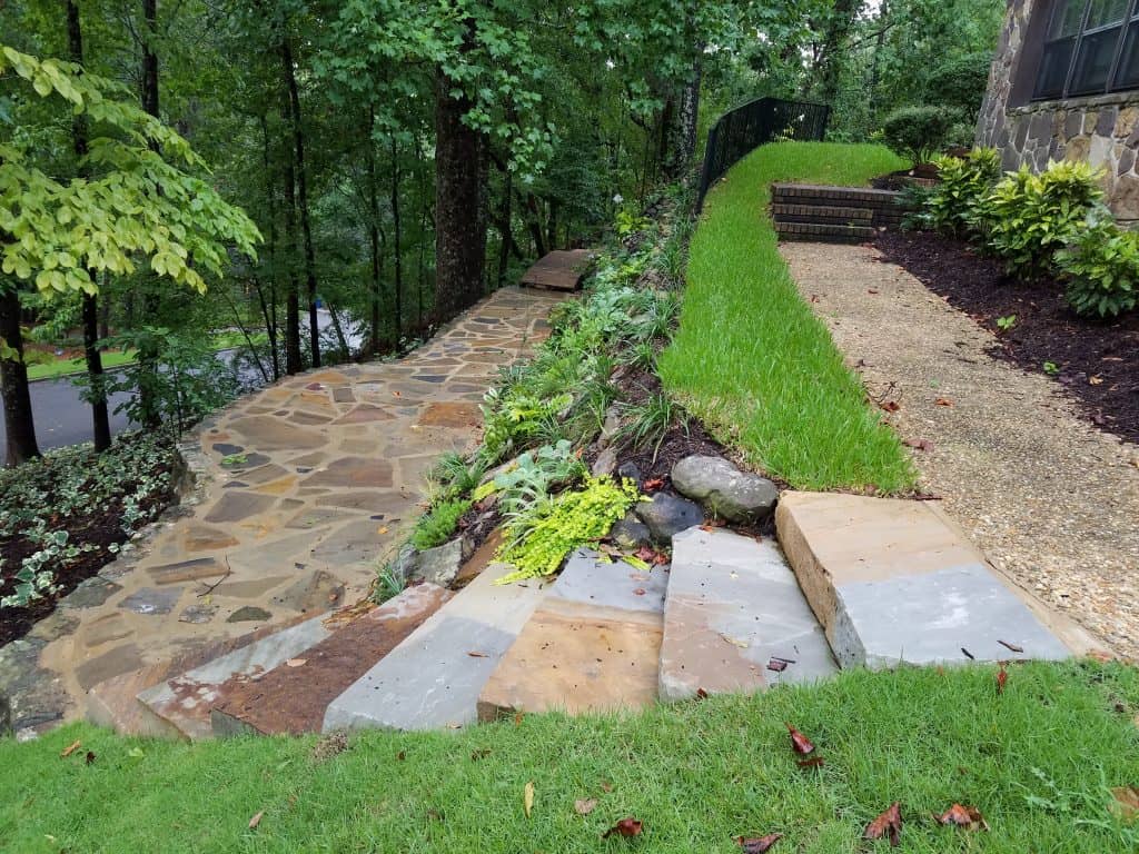 Lush hillside landscape with stone pathway, tiered steps, and vibrant greenery, showcasing professional landscape design by John Russell Landscape Architect.